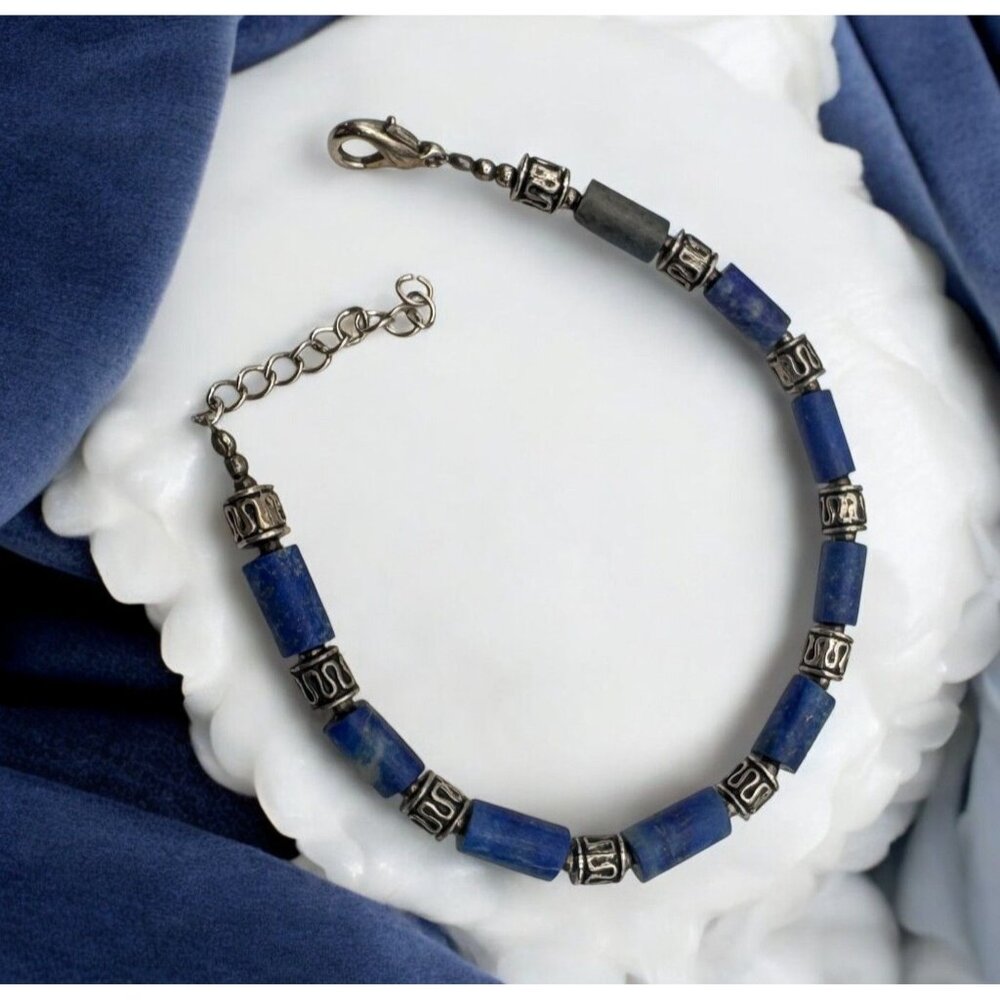 Vintage Blue Beaded Bracelet Silver Tone Accents Beach Boho Tribal